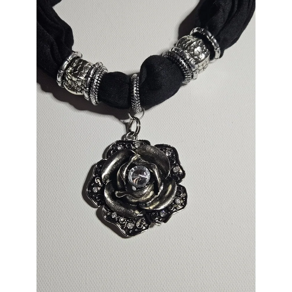 Women's Black Scarf Necklace Silver Tone Rose Pendant Coin Charms Boho Tassel